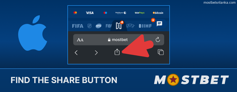 Tap the "Share" button on the Mostbet website